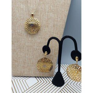 Gold Tone Link Chain Puff Filigree Pendant Necklace & Dangle Earrings Set 24" GX